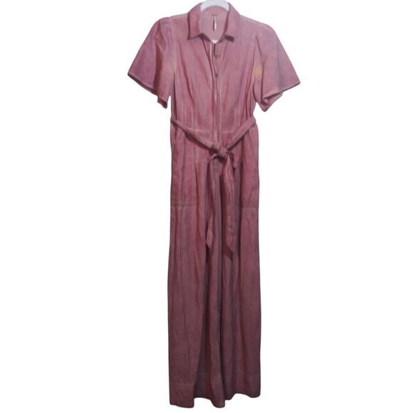 Free People Mauve Acid Wash Wide Leg Short Sleeve Jumpsuit Casual Size 2 - Picture 1 of 10